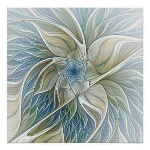 Floral Dream Pattern Abstract Blue Khaki Fractal Perfect Poster