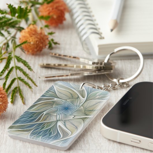 Floral Dream Pattern Abstract Blue Khaki Fractal Sleutelhanger (Voorkant Rechts)