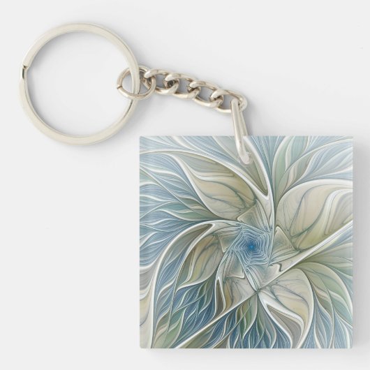 Floral Dream Pattern Abstract Blue Khaki Fractal Sleutelhanger (voorkant)