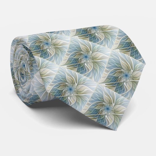 Floral Dream Pattern Abstract Blue Khaki Fractal Stropdas (Opgerold)