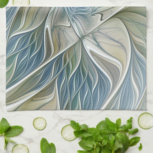 Floral Dream Pattern Abstract Blue Khaki Fractal Theedoek (Gevouwen)