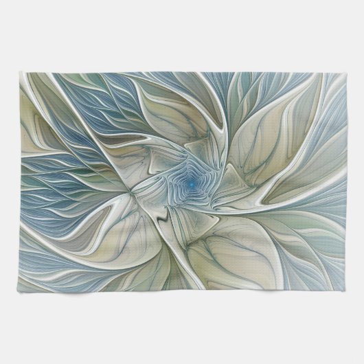 Floral Dream Pattern Abstract Blue Khaki Fractal Theedoek (Horizontaal)