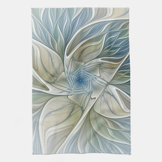 Floral Dream Pattern Abstract Blue Khaki Fractal Theedoek (Verticaal)