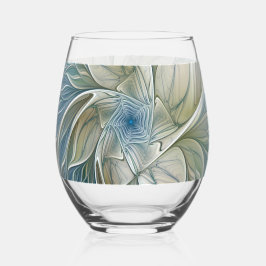 Floral Dream Pattern Abstract Blue Khaki Fractal Wijnglas Zonder Voet