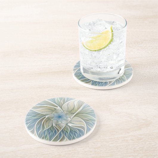 Floral Dream Pattern Abstract Blue Khaki Fractal Zandsteen Onderzetter (Zijkant)