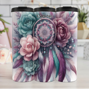 Floral Dreamcatcher met Blauwgroen en Paarse veren Thermosbeker