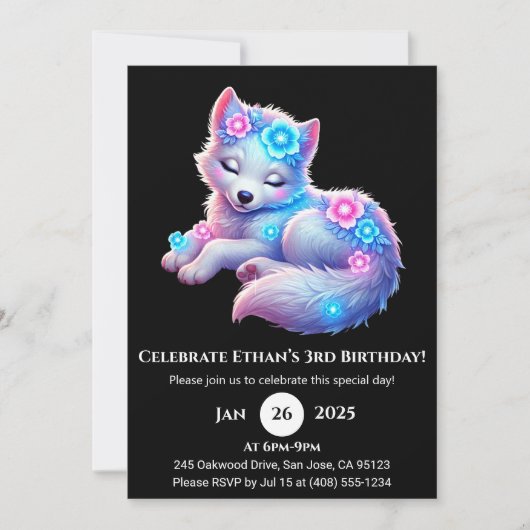 Floral Dreaming Wolf Art Birthday Invitation Kaart (Voorkant)