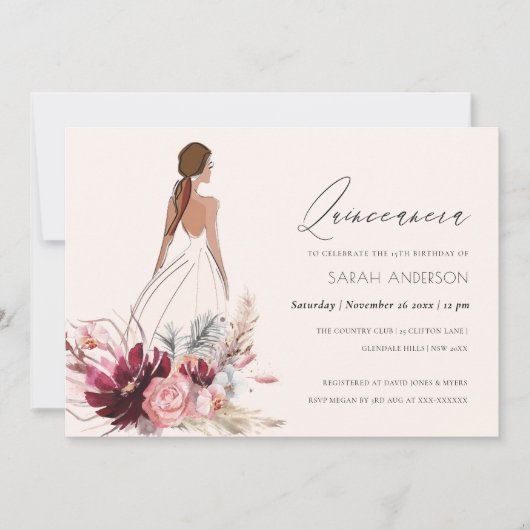 Floral Dress Pampas Grass Quinceanera Invite Bedankkaart (Voorkant)