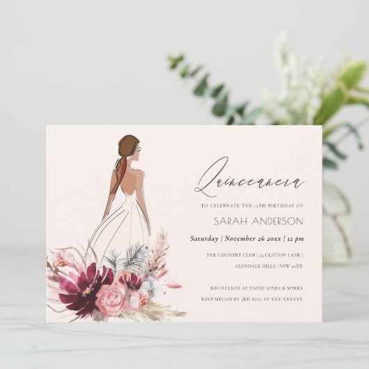 Floral Dress Pampas Grass Quinceanera Invite Bedankkaart (Staand voorkant)