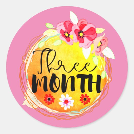Floral Drie maanden oud Baby-steenetiket Ronde Sticker (Voorkant)