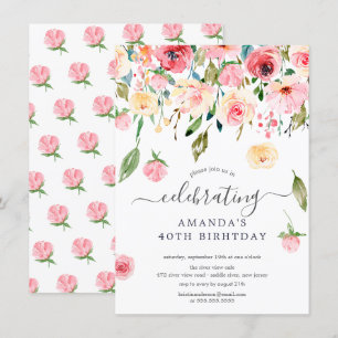 Floral Drop Pink Peonies Birthday Party Invitation Kaart