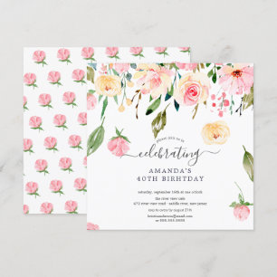 Floral Drop Pink Peonies Birthday Party Invitation Kaart
