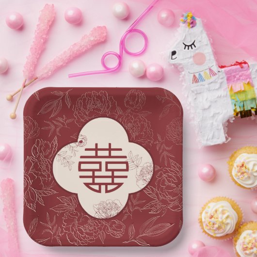 Floral Dubbel Geluk Chinees Bruiloft Papieren Bordje (Feest)
