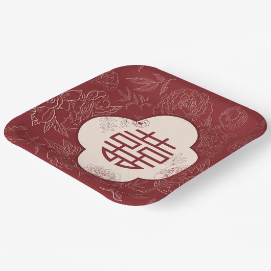 Floral Dubbel Geluk Chinees Bruiloft Papieren Bordje (Gebogen)
