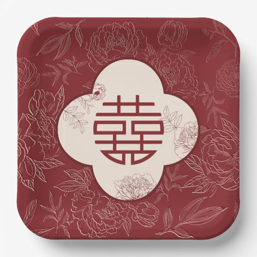 Floral Dubbel Geluk Chinees Bruiloft Papieren Bordje (Voorkant)