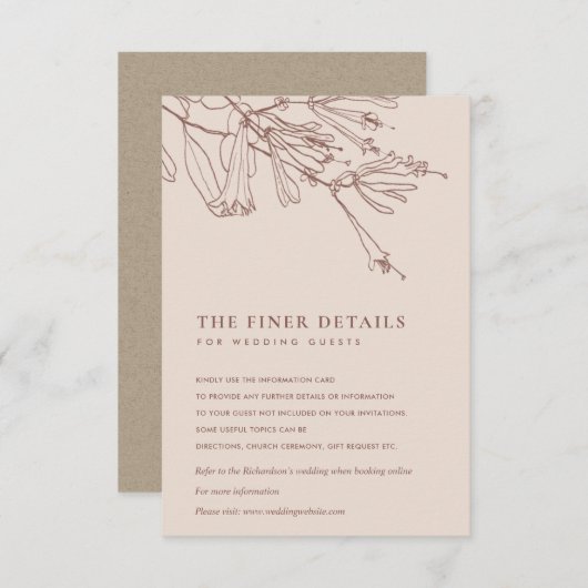 FLORAL DUSKY BLUSH LINE DRAWING WEDDING DETAIL INFORMATIEKAARTJE (Voorkant / Achterkant)
