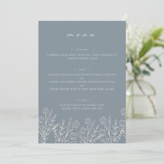 Floral Dusty Blue 5x7" Trouwtafel Flat Menu (Staand voorkant)