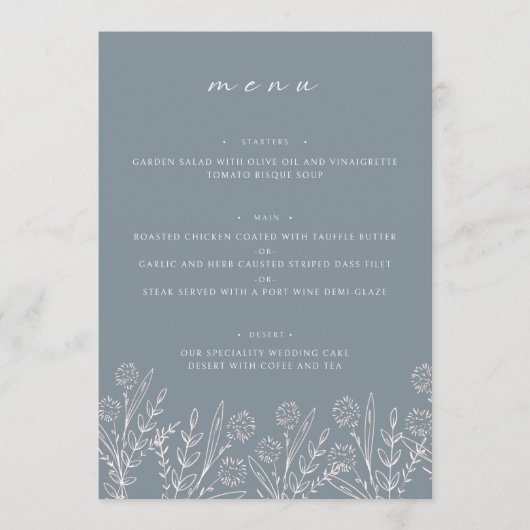 Floral Dusty Blue 5x7" Trouwtafel Flat Menu (Voorkant)