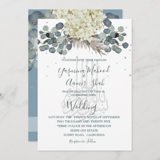 Floral Dusty Blue Bismillah Elegant Wedding Kaart (Voorkant / Achterkant)
