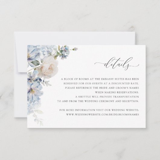Floral Dusty Blue Blush Rozen Wedding Details Kaar Kaart (Voorkant)