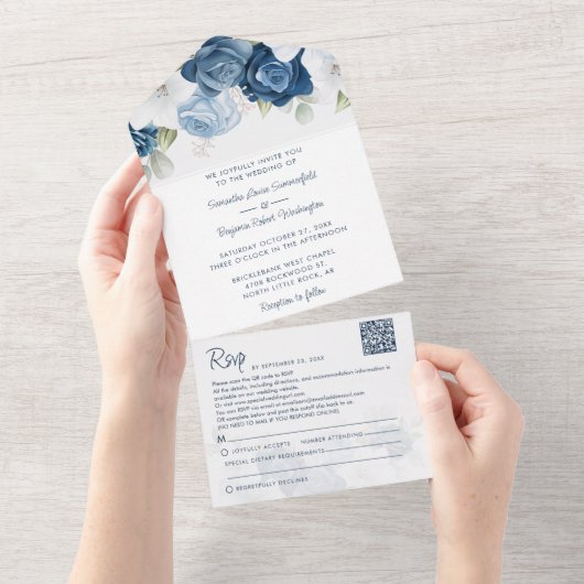 Floral Dusty Blue Botanical Script Weddenschap All In One Uitnodiging (Afscheurbaar)