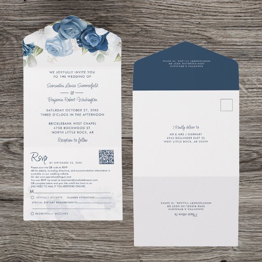 Floral Dusty Blue Botanical Script Weddenschap All In One Uitnodiging