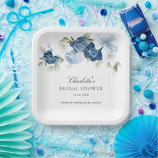 Floral Dusty Blue Botanical Vrijgezellenfeest Papieren Bordje (Feest)