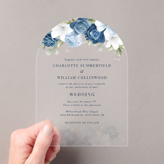 Floral Dusty Blue Botanische bruiloft Acryl Uitnodigingen (Insitu (Draagbaar))