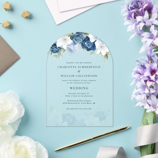 Floral Dusty Blue Botanische bruiloft Acryl Uitnodigingen (Insitu (Huwelijk))