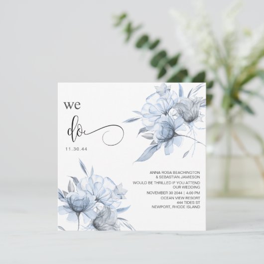 *~* Floral Dusty Blue Bouquet AR15 QR RSVP BRUILOF Kaart (Staand voorkant)