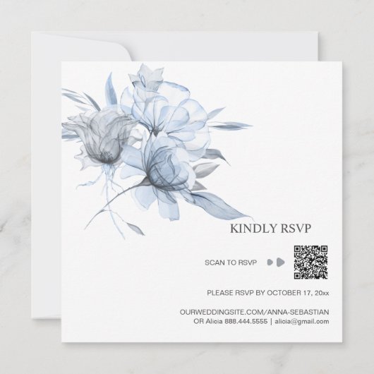 *~* Floral Dusty Blue Bouquet AR15 QR RSVP BRUILOF Kaart (Achterkant)