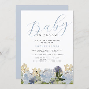 Floral Dusty Blue Boy Baby in Bloom Baby shower Kaart
