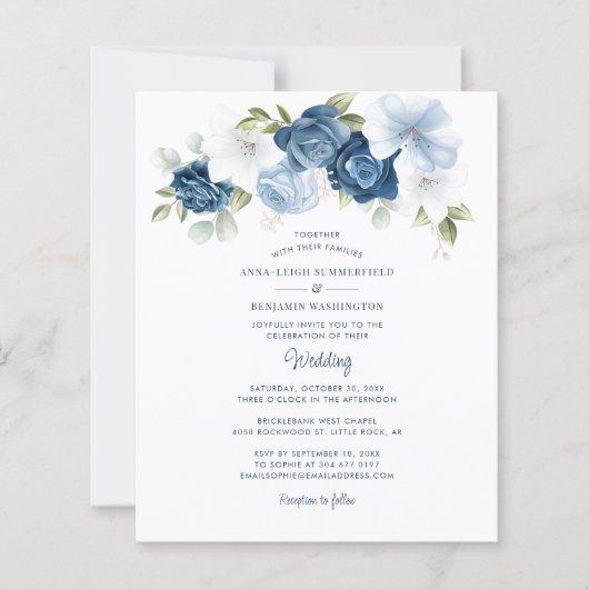 Floral Dusty Blue Budget Wedding Uitnodiging (Voorkant)