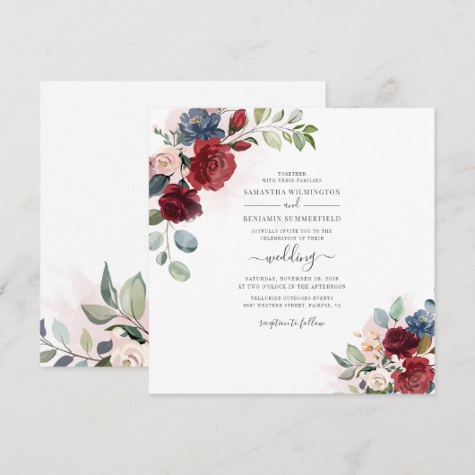 Floral Dusty Blue Burgundy Botanical Wedding Kaart (Voorkant / Achterkant)