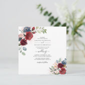 Floral Dusty Blue Burgundy Botanical Wedding Kaart (Staand voorkant)