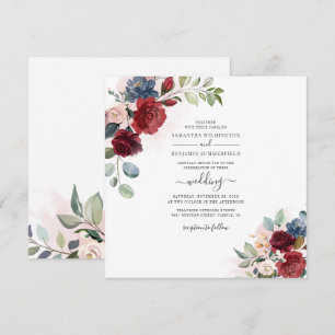 Floral Dusty Blue Burgundy Botanical Wedding Kaart