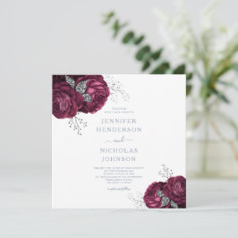 Floral Dusty Blue Burgundy Peonies Elegant Wedding Kaart