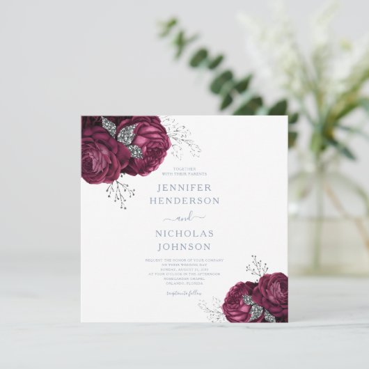 Floral Dusty Blue Burgundy Peonies Elegant Wedding Kaart (Staand voorkant)