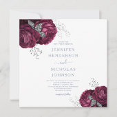 Floral Dusty Blue Burgundy Peonies Elegant Wedding Kaart (Voorkant)