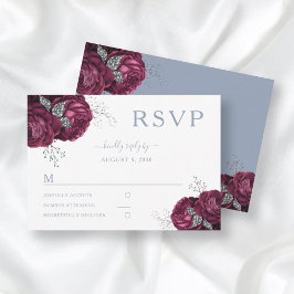 Floral Dusty Blue Burgundy Peonies Elegant Wedding RSVP Kaartje