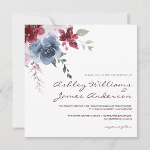 Floral Dusty Blue Burgundy Roos Elegant Wedding Kaart