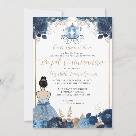Floral Dusty Blue Cinderella Royal Quinceanera Kaart (Voorkant)