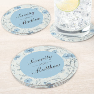 Floral Dusty Blue Country Garden Elegante bruiloft Ronde Kartonnen Onderzetter