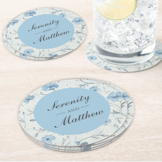 Floral Dusty Blue Country Garden Elegante bruiloft Ronde Kartonnen Onderzetter