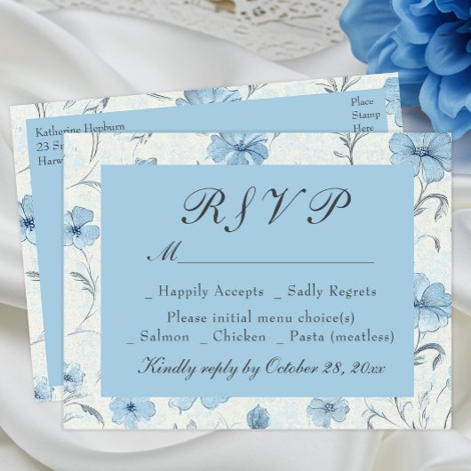 Floral Dusty Blue Country Garden Wedding RSVP Card Uitnodiging Briefkaart