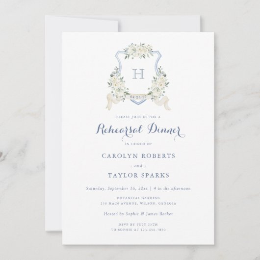 Floral Dusty Blue Crest Rehearsal Dinner Wedding Kaart (Voorkant)