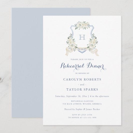 Floral Dusty Blue Crest Rehearsal Dinner Wedding Kaart (Voorkant / Achterkant)