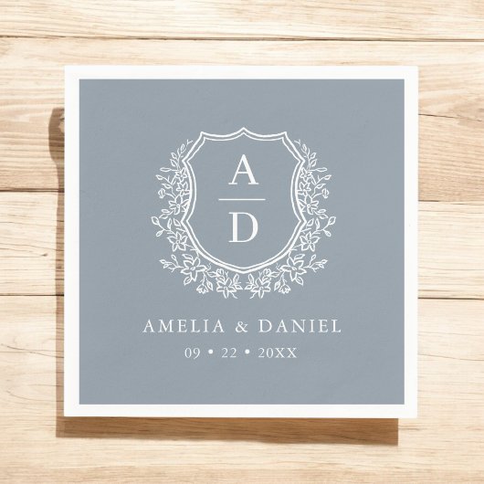 Floral Dusty Blue Crest Wedding Monogram Servet