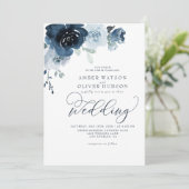 Floral Dusty Blue Dark Navy Blue Boho Wedding Kaart (Staand voorkant)