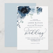 Floral Dusty Blue Dark Navy Blue Boho Wedding Kaart (Voorkant / Achterkant)